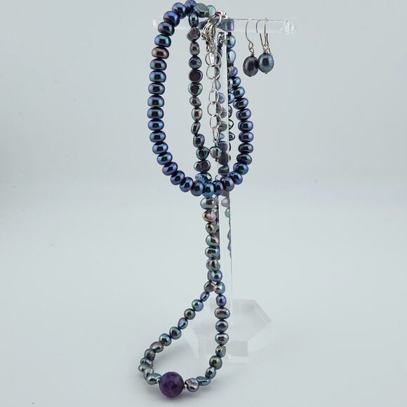 Vintage Parure Genuine Pearl Amethyst Necklace Earring Bracelet Regency Timeless - Picture 5 of 9